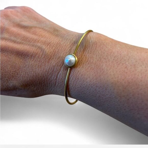 Heyday Brass Cuff Adjustable Bracelet with 8mm Pearl Accent - Picture 5 of 6